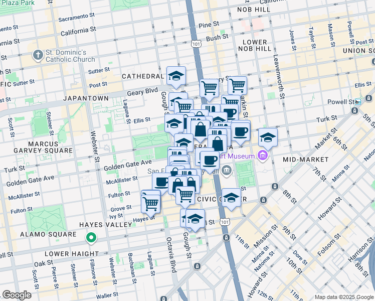 map of restaurants, bars, coffee shops, grocery stores, and more near 701 Golden Gate Avenue in San Francisco