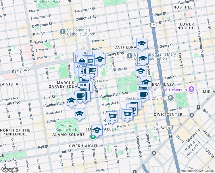 map of restaurants, bars, coffee shops, grocery stores, and more near 1148 Buchanan Street in San Francisco