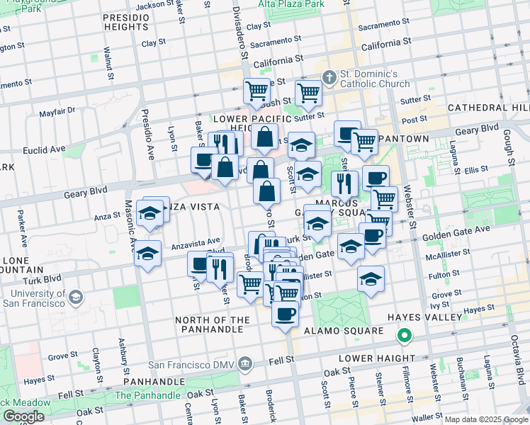 map of restaurants, bars, coffee shops, grocery stores, and more near 1199 Divisadero Street in San Francisco