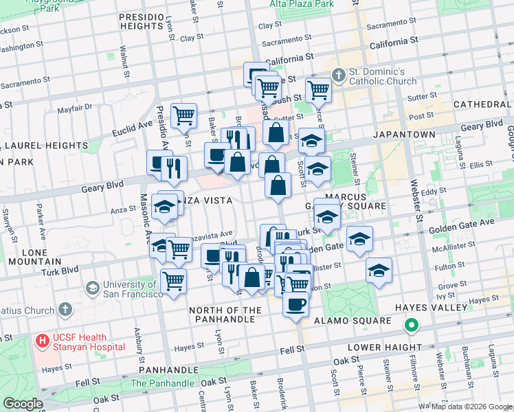 map of restaurants, bars, coffee shops, grocery stores, and more near 1100 Broderick Street in San Francisco
