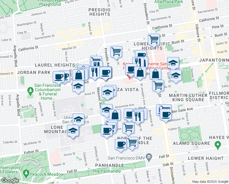 map of restaurants, bars, coffee shops, grocery stores, and more near 73 Barcelona Avenue in San Francisco