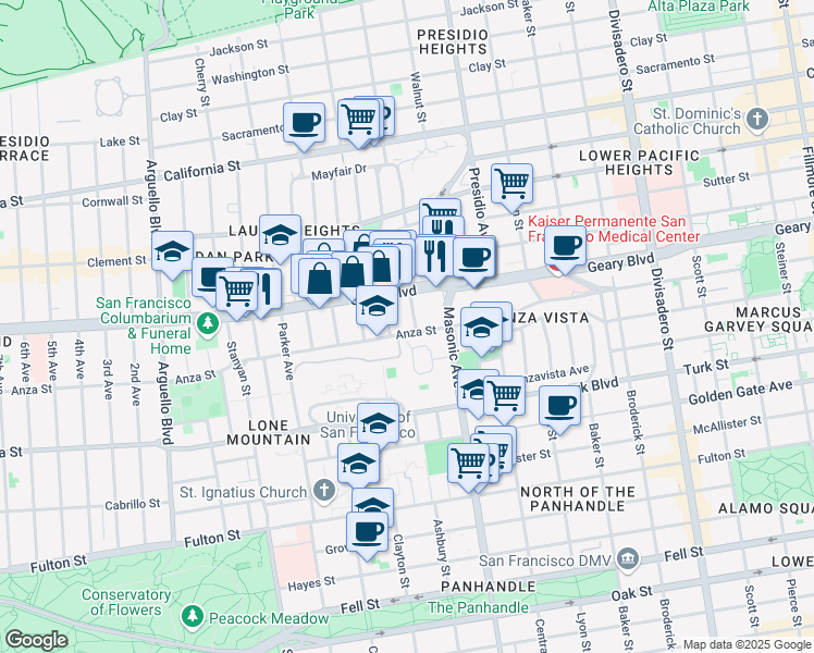 map of restaurants, bars, coffee shops, grocery stores, and more near 301 Anza Street in San Francisco