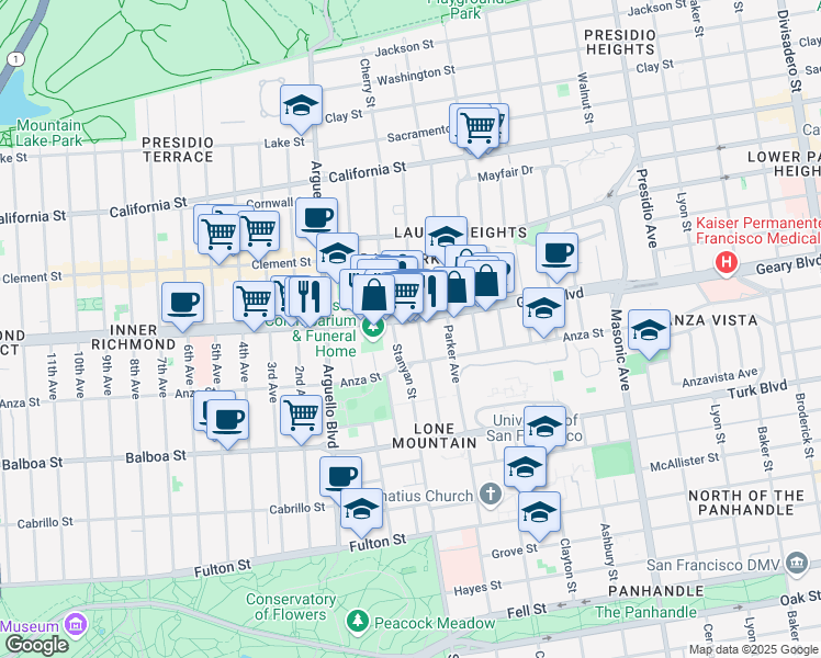 map of restaurants, bars, coffee shops, grocery stores, and more near 69 Beaumont Avenue in San Francisco