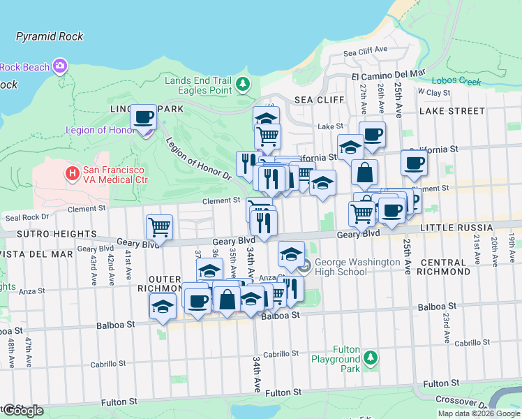 map of restaurants, bars, coffee shops, grocery stores, and more near 462 33rd Avenue in San Francisco