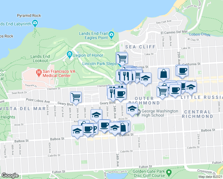 map of restaurants, bars, coffee shops, grocery stores, and more near 455 34th Avenue in San Francisco