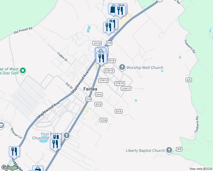 map of restaurants, bars, coffee shops, grocery stores, and more near 274 Webster Street in Alderson