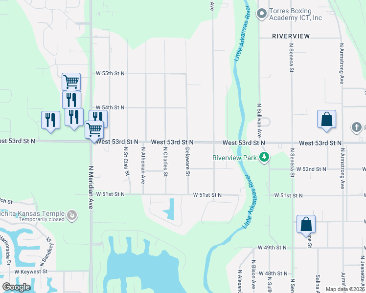 map of restaurants, bars, coffee shops, grocery stores, and more near 5331 Delaware Street in Wichita