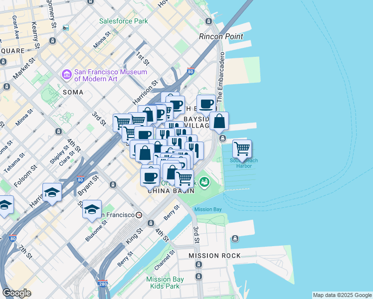 map of restaurants, bars, coffee shops, grocery stores, and more near 88 Townsend Street in San Francisco