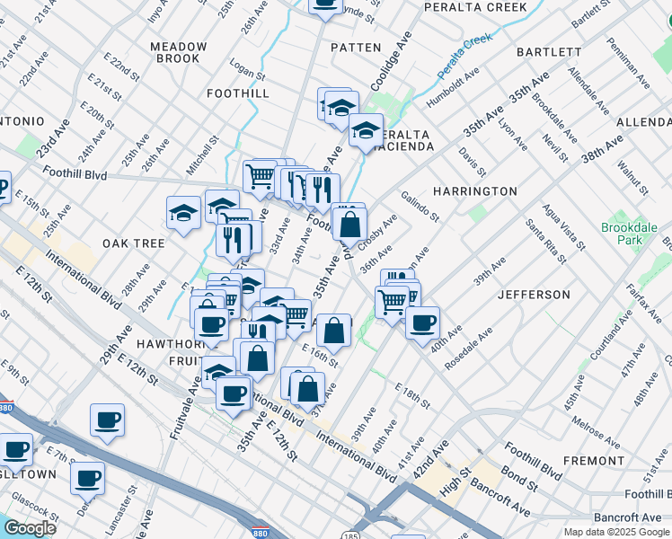 map of restaurants, bars, coffee shops, grocery stores, and more near 1724 35th Avenue in Oakland