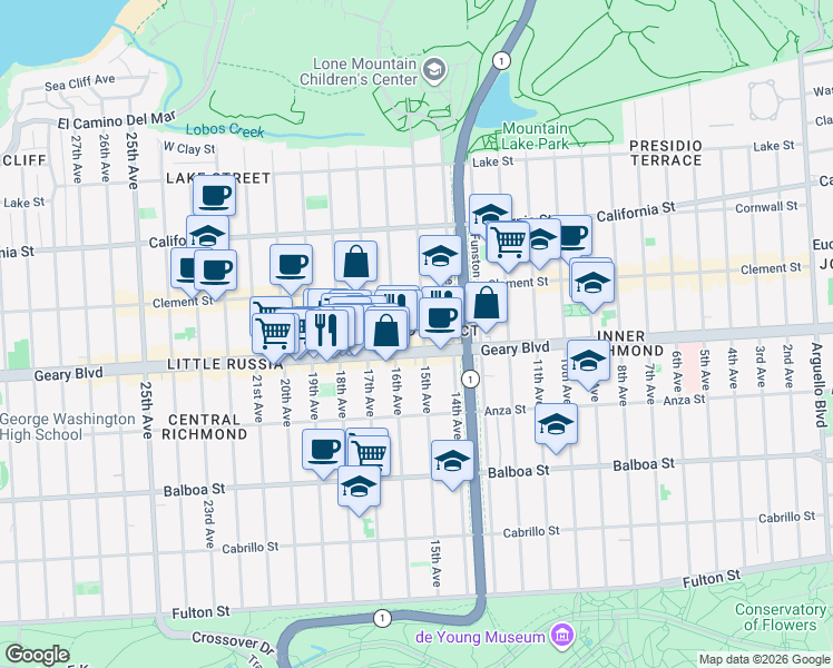 map of restaurants, bars, coffee shops, grocery stores, and more near 375 15th Avenue in San Francisco