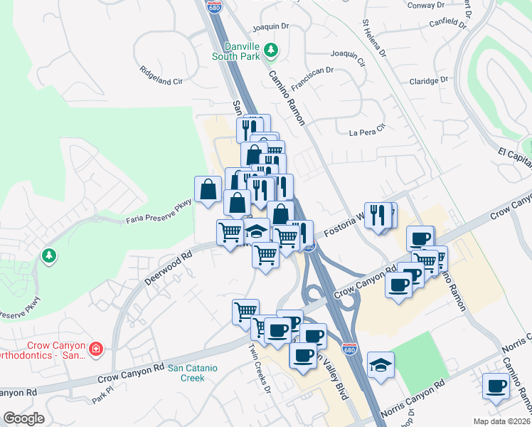 map of restaurants, bars, coffee shops, grocery stores, and more near 2241 San Ramon Valley Boulevard in San Ramon