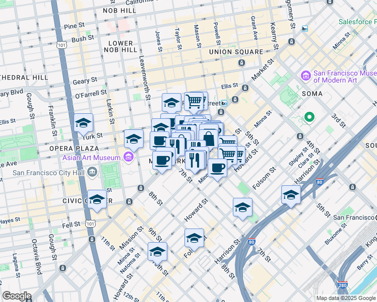map of restaurants, bars, coffee shops, grocery stores, and more near 1018 V in San Francisco
