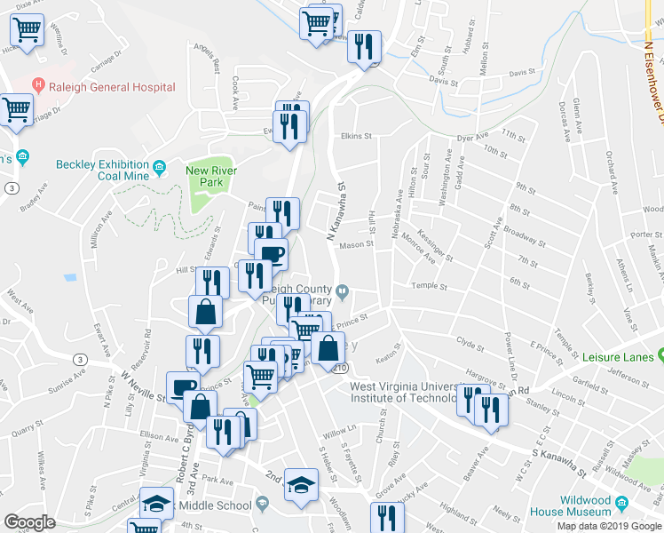map of restaurants, bars, coffee shops, grocery stores, and more near 326 North Kanawha Street in Beckley