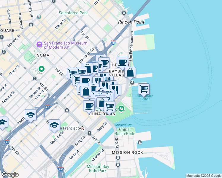 map of restaurants, bars, coffee shops, grocery stores, and more near 88 Townsend Street in San Francisco