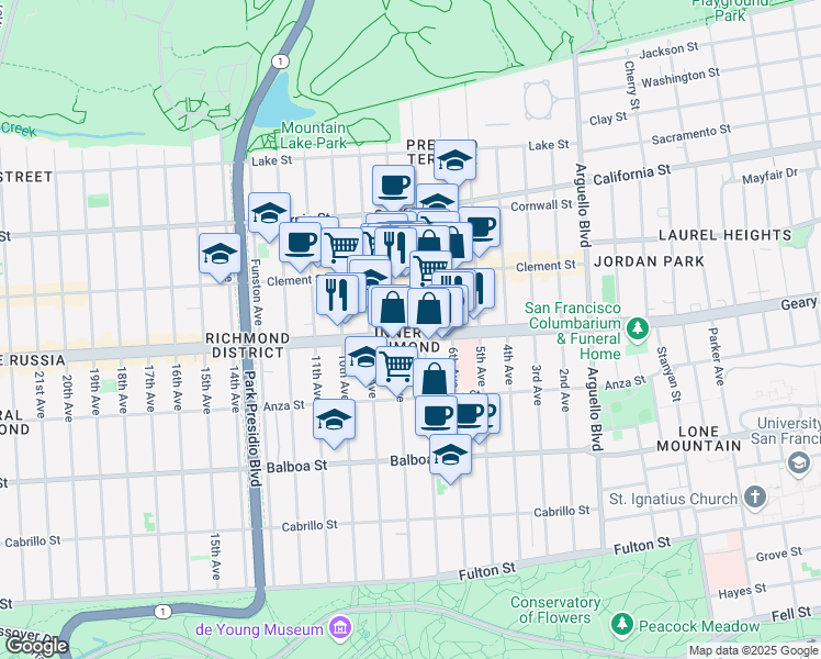 map of restaurants, bars, coffee shops, grocery stores, and more near 4328 Geary Boulevard in San Francisco