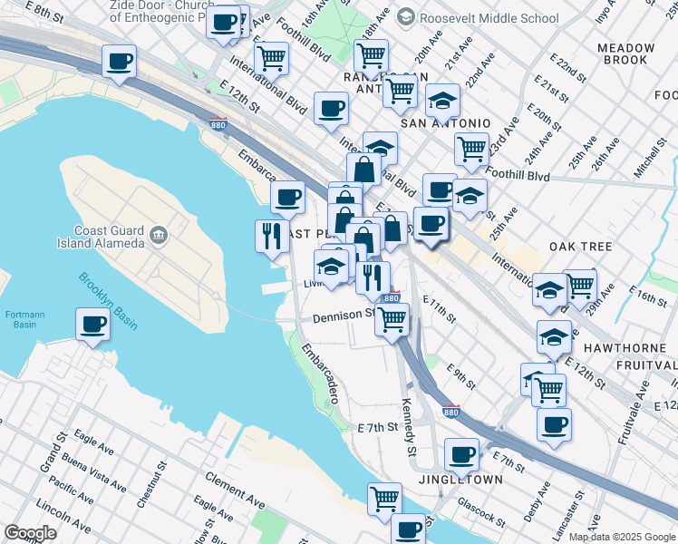 map of restaurants, bars, coffee shops, grocery stores, and more near 2101 Livingston Street in Oakland