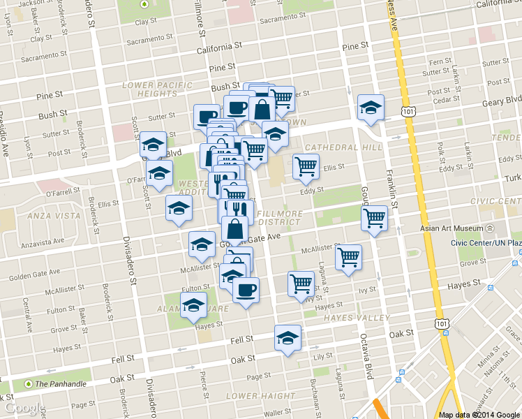 map of restaurants, bars, coffee shops, grocery stores, and more near in San Francisco