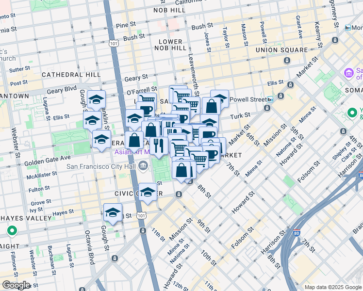 map of restaurants, bars, coffee shops, grocery stores, and more near 200 McAllister Street in San Francisco