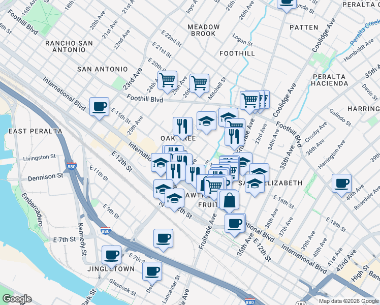map of restaurants, bars, coffee shops, grocery stores, and more near 2805 East 16th Street in Oakland