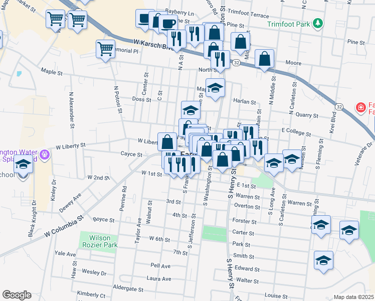 map of restaurants, bars, coffee shops, grocery stores, and more near 11 North Franklin Street in Farmington