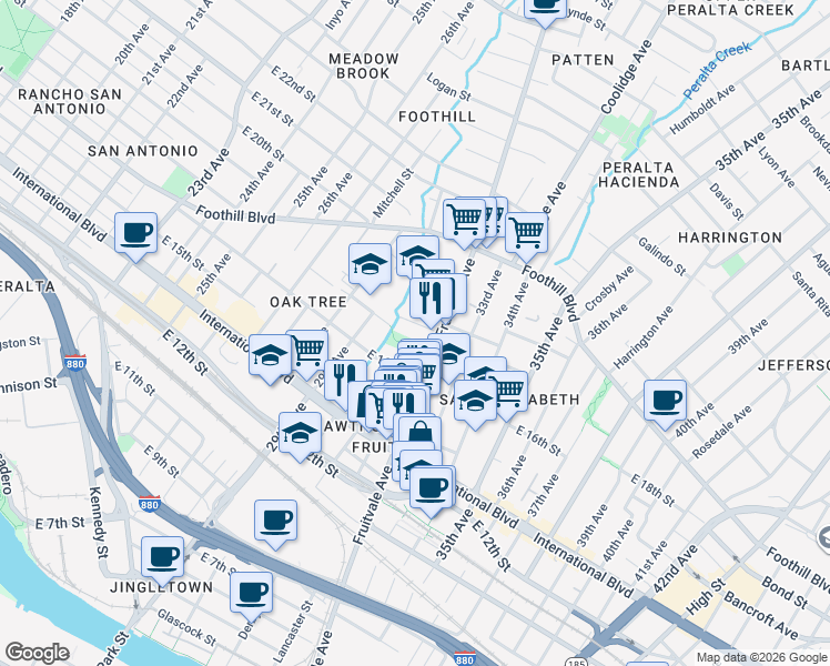 map of restaurants, bars, coffee shops, grocery stores, and more near 1606 Fruitvale Avenue in Oakland