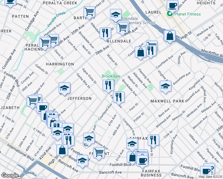 map of restaurants, bars, coffee shops, grocery stores, and more near High Street & Lyon Avenue in Oakland