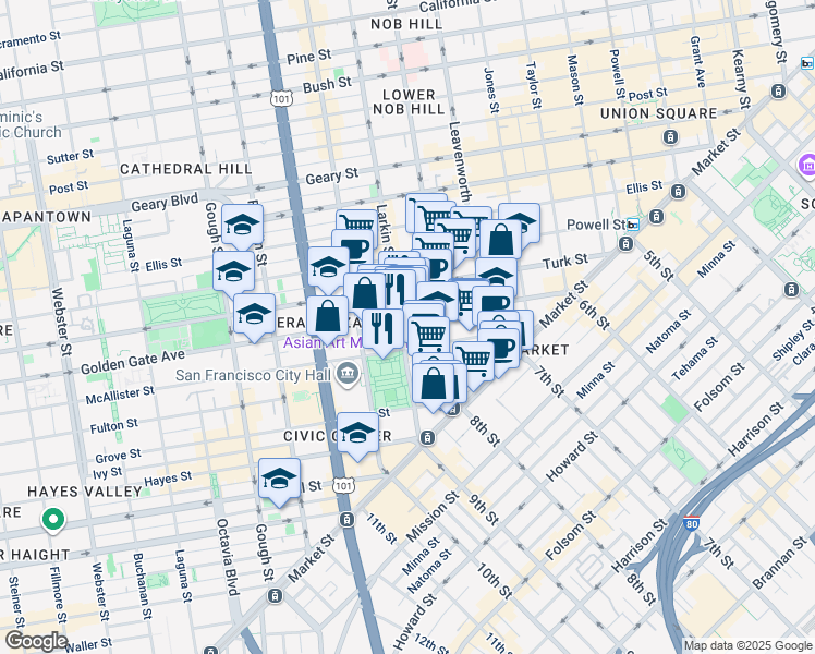 map of restaurants, bars, coffee shops, grocery stores, and more near 376 Larkin Street in San Francisco