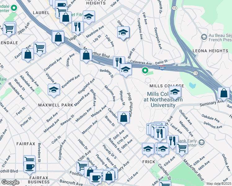 map of restaurants, bars, coffee shops, grocery stores, and more near 3432 Simmons Street in Oakland