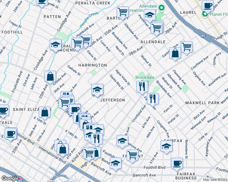 map of restaurants, bars, coffee shops, grocery stores, and more near in Oakland