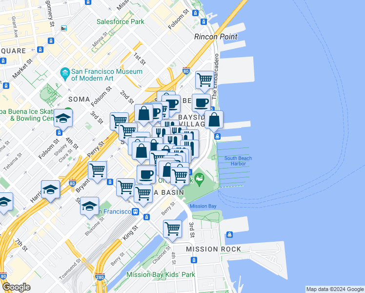 map of restaurants, bars, coffee shops, grocery stores, and more near 88 Townsend Street in San Francisco