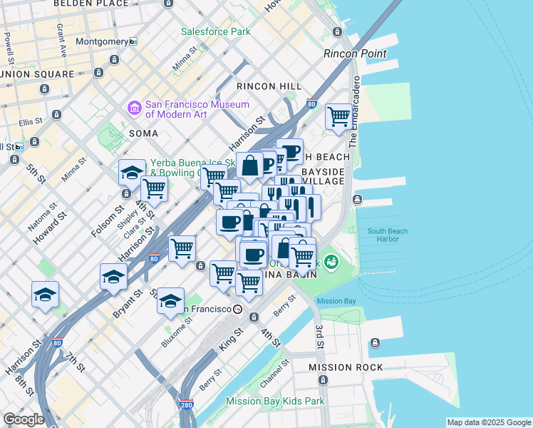 map of restaurants, bars, coffee shops, grocery stores, and more near 7 Clarence Place in San Francisco