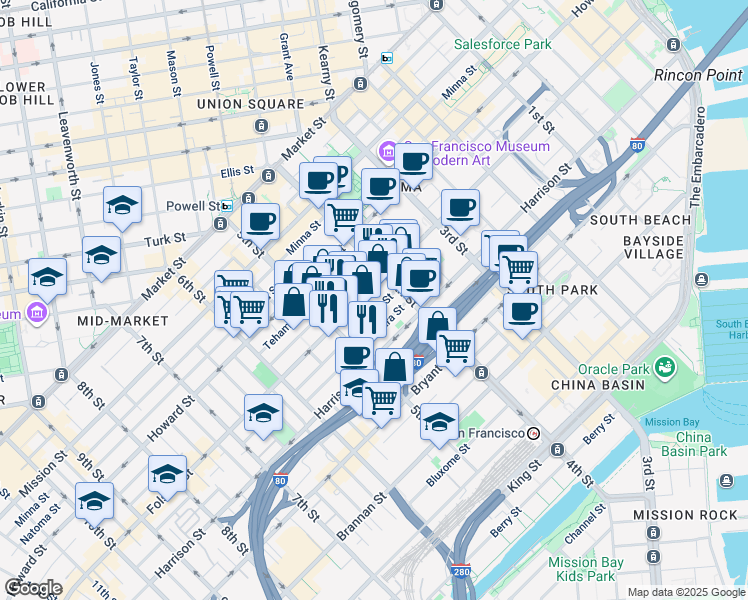 map of restaurants, bars, coffee shops, grocery stores, and more near 888 Perry Street in San Francisco