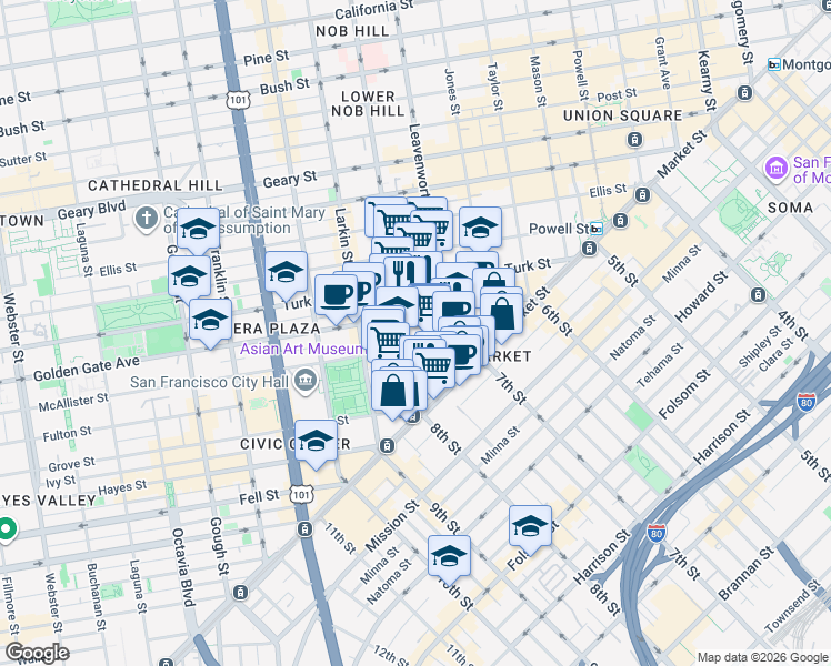 map of restaurants, bars, coffee shops, grocery stores, and more near 200 McAllister Street in San Francisco