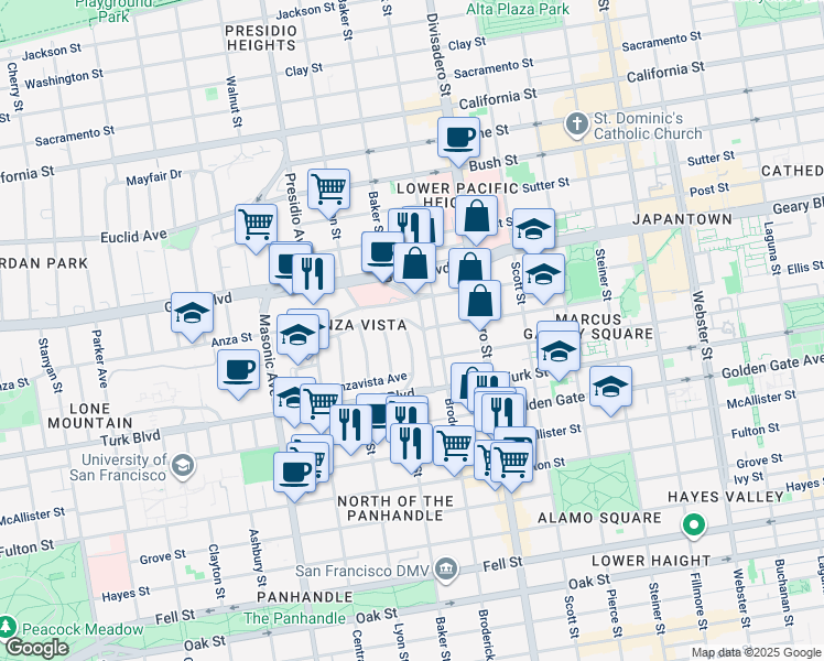map of restaurants, bars, coffee shops, grocery stores, and more near 995 Baker Street in San Francisco