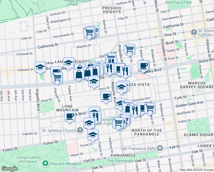 map of restaurants, bars, coffee shops, grocery stores, and more near 126 Ewing Terrace in San Francisco