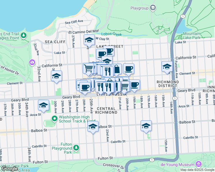 map of restaurants, bars, coffee shops, grocery stores, and more near 5860 Geary Boulevard in San Francisco