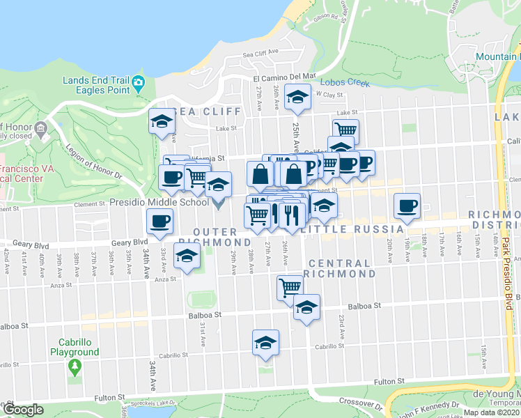 map of restaurants, bars, coffee shops, grocery stores, and more near in San Francisco