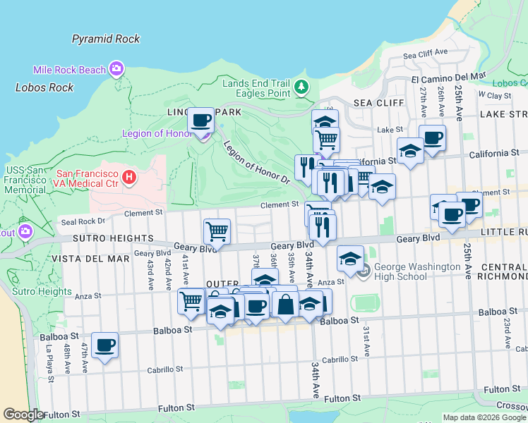 map of restaurants, bars, coffee shops, grocery stores, and more near 39 Shore View Avenue in San Francisco