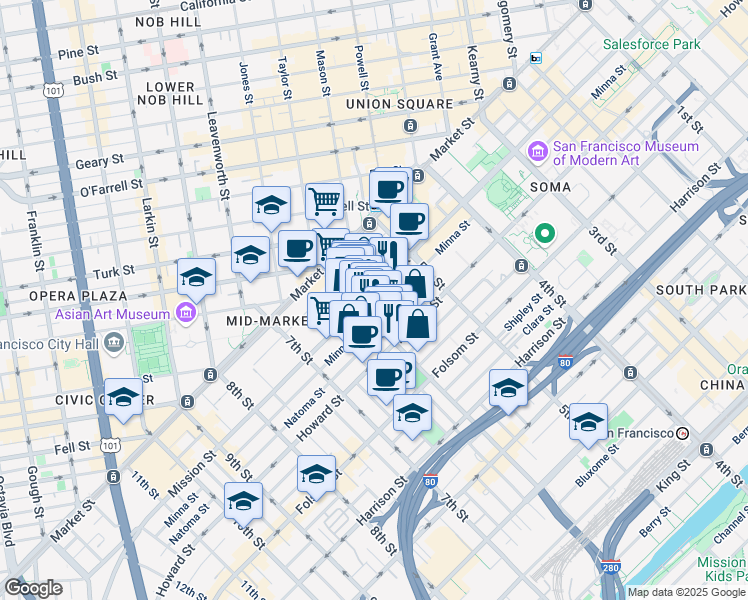 map of restaurants, bars, coffee shops, grocery stores, and more near 981 Mission Street in San Francisco