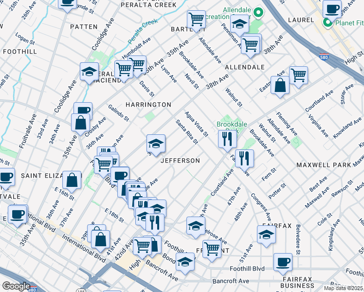 map of restaurants, bars, coffee shops, grocery stores, and more near in Oakland