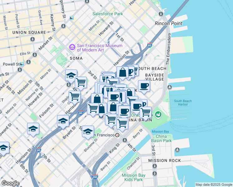 map of restaurants, bars, coffee shops, grocery stores, and more near 164 South Park Street in San Francisco
