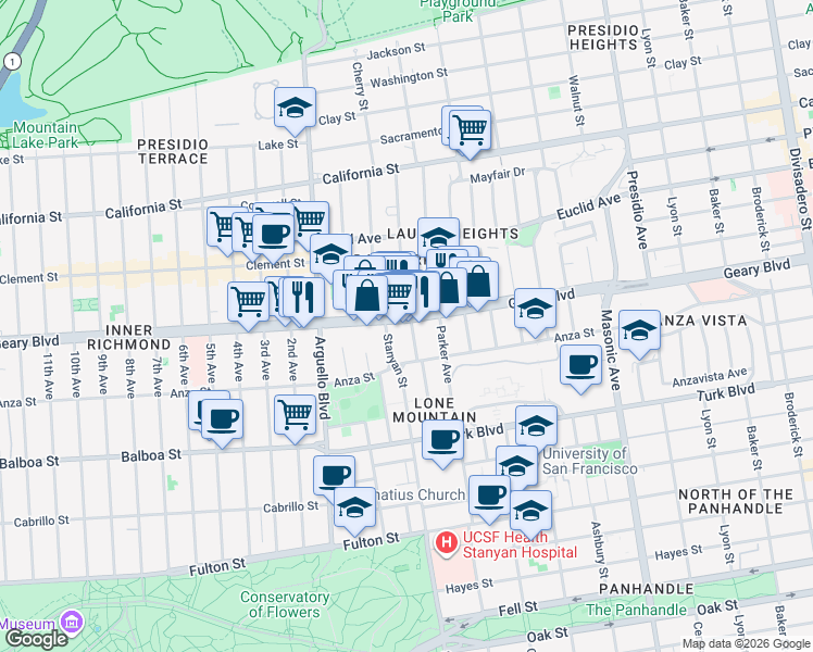 map of restaurants, bars, coffee shops, grocery stores, and more near 3407 Geary Boulevard in San Francisco