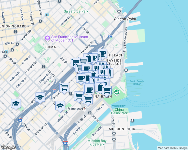 map of restaurants, bars, coffee shops, grocery stores, and more near 340 Brannan Street in San Francisco