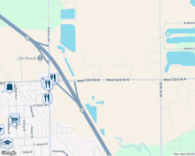 map of restaurants, bars, coffee shops, grocery stores, and more near 9810 West 53rd Street North in Maize