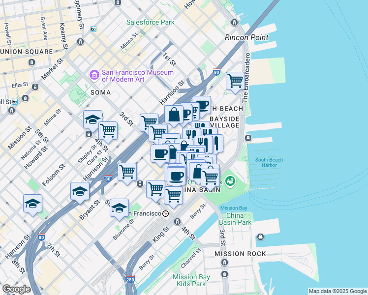 map of restaurants, bars, coffee shops, grocery stores, and more near 340 Brannan Street in San Francisco