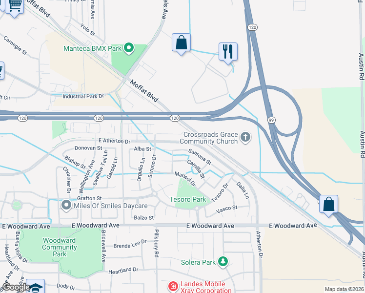 map of restaurants, bars, coffee shops, grocery stores, and more near 1327 Santona Street in Manteca