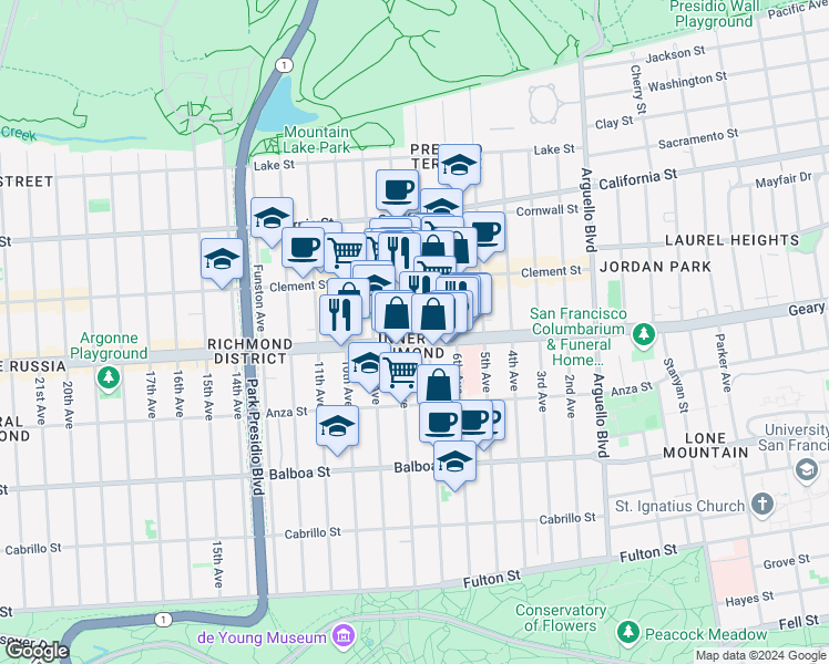 map of restaurants, bars, coffee shops, grocery stores, and more near 4328 Geary Boulevard in San Francisco