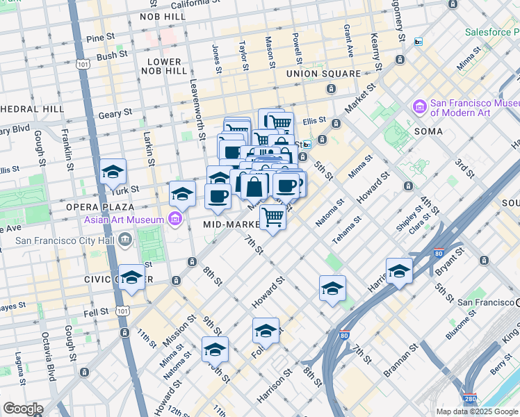 map of restaurants, bars, coffee shops, grocery stores, and more near in San Francisco