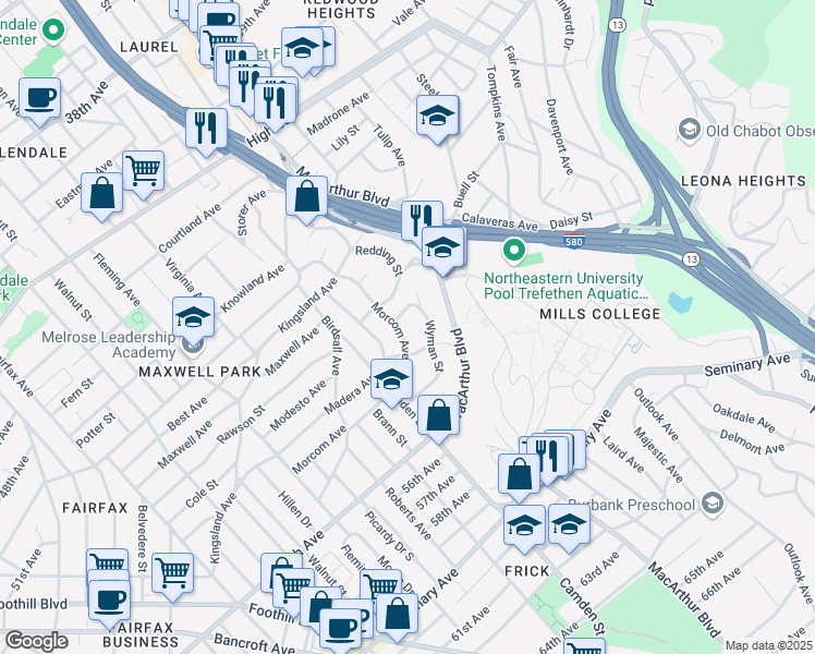 map of restaurants, bars, coffee shops, grocery stores, and more near 3288 Morcom Avenue in Oakland