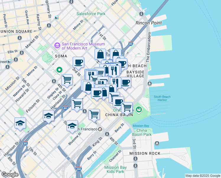 map of restaurants, bars, coffee shops, grocery stores, and more near 78 South Park Street in San Francisco